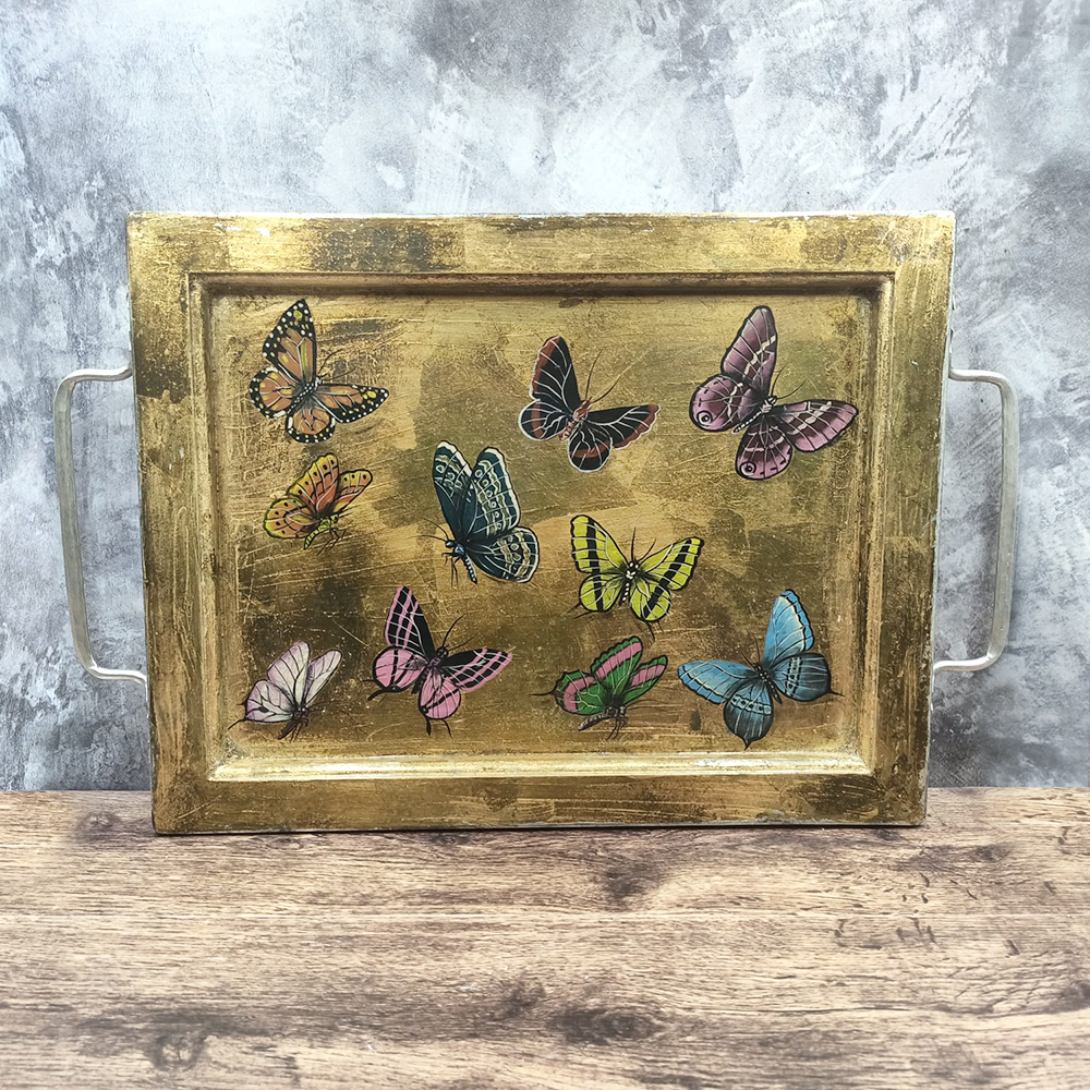 Gold tray with butterflies and metal handles