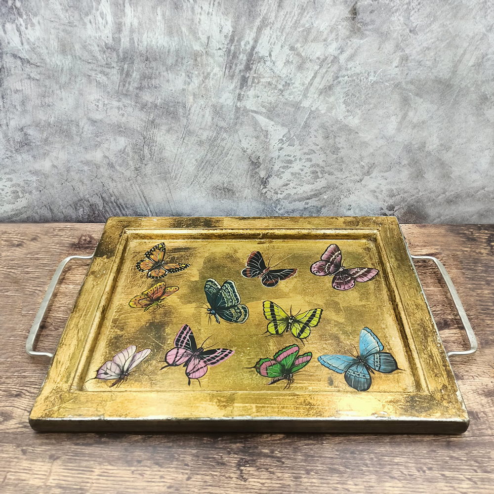 Gold tray with butterflies and metal handles