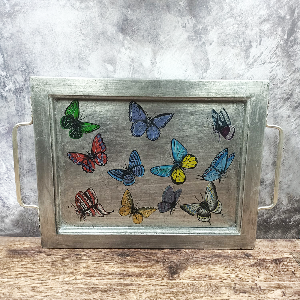 Silver-colored tray with butterfly metal handles