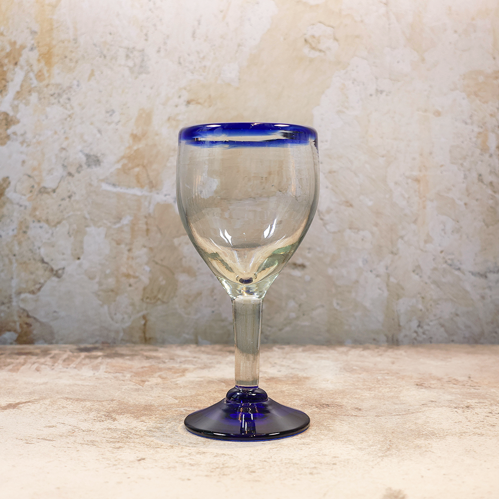 Blue rimmed wine glass