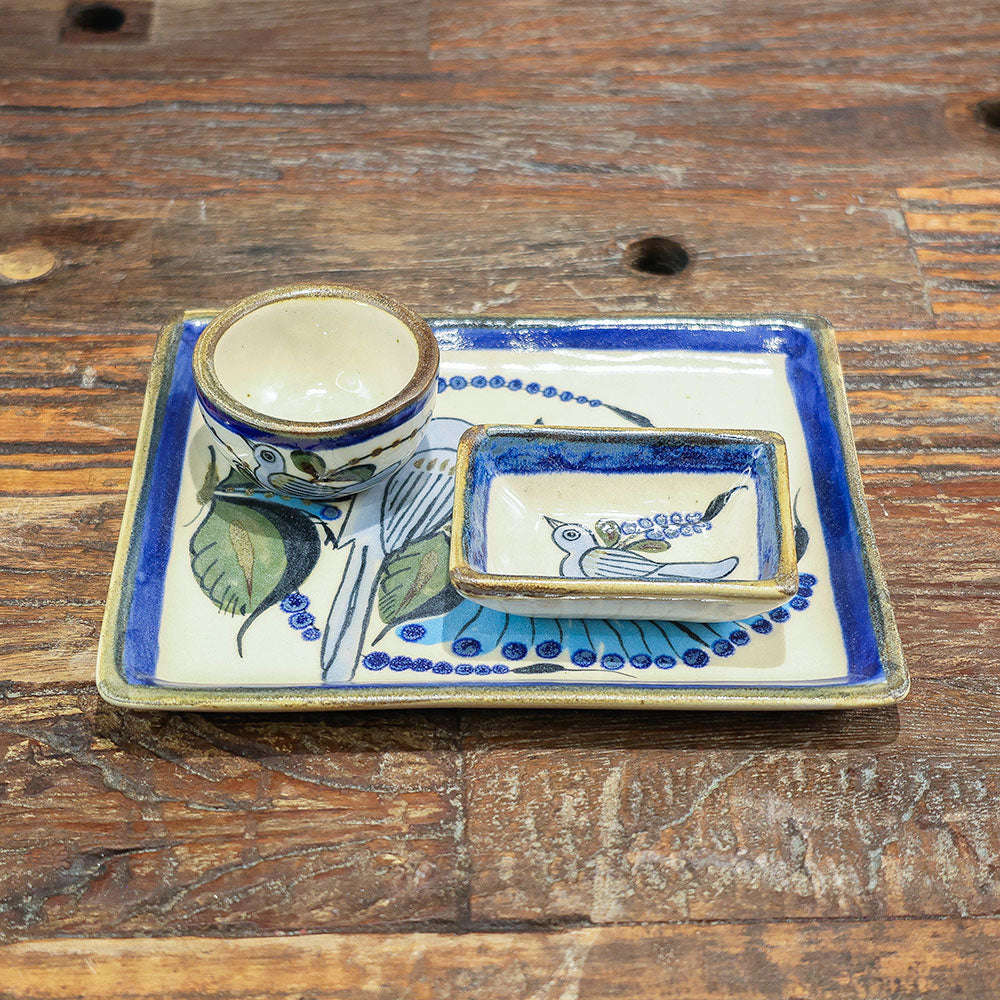 Set of tray and two bowls, dove design, for serving tequila