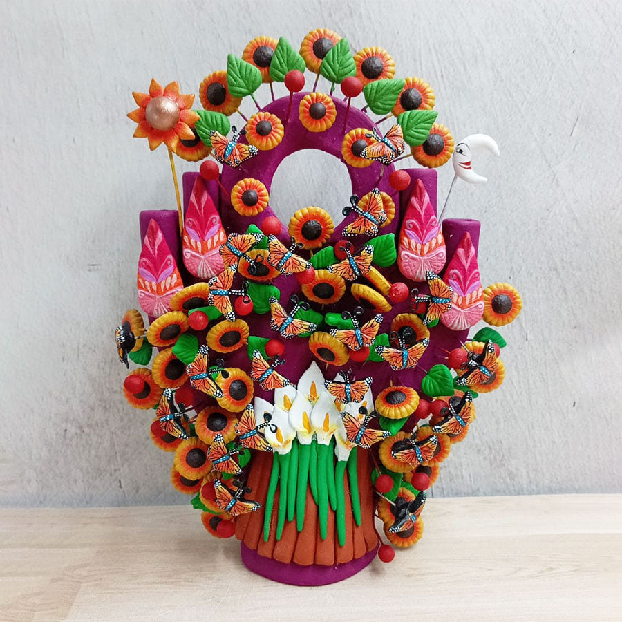 Mexican pink tree of life with calla lilies and butterflies