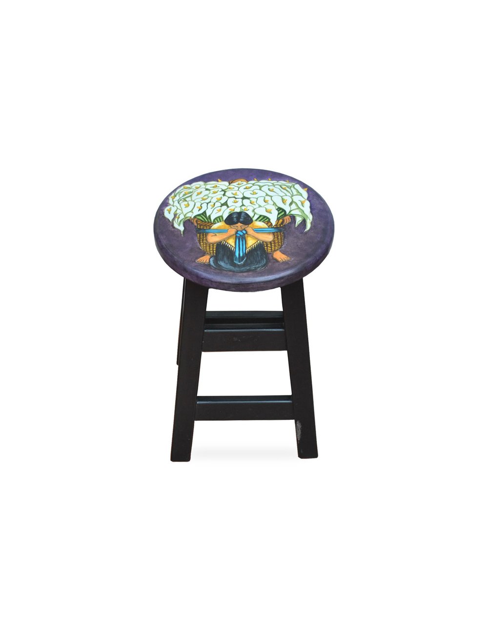 Purple stool seat with a woman's design and calla lilies