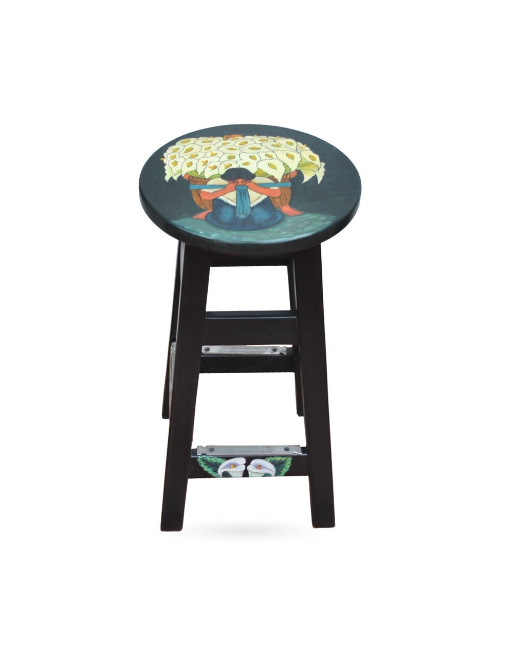 Black stool, woman design with calla lilies