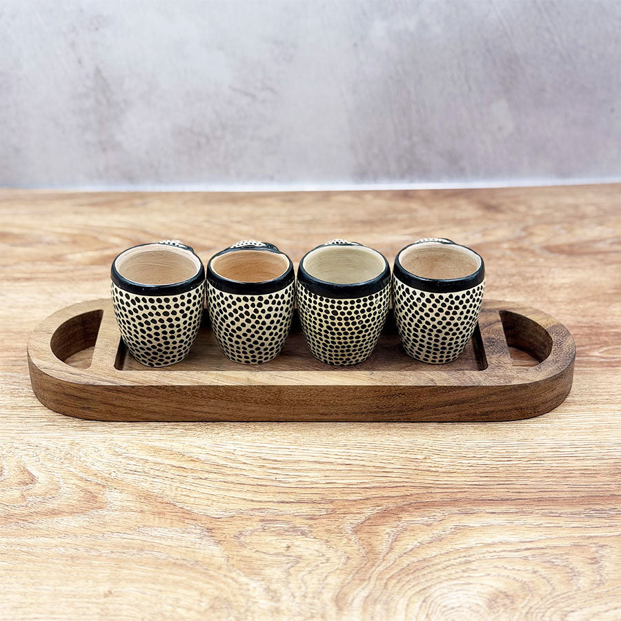 Oval tray and tequila shot glasses with jaguar design
