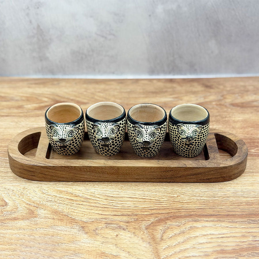 Oval tray and tequila shot glasses with jaguar design