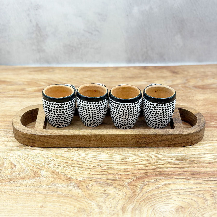 Oval tray and tequila shot glasses with jaguar design