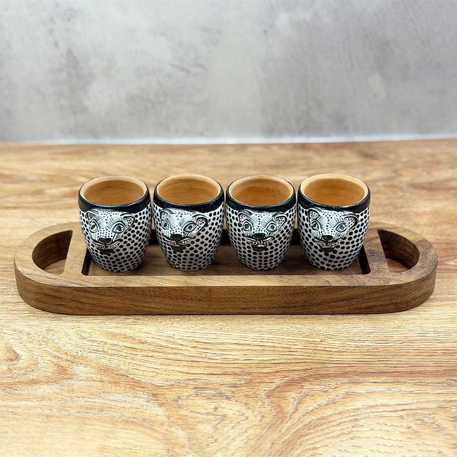 Oval tray and tequila shot glasses with jaguar design