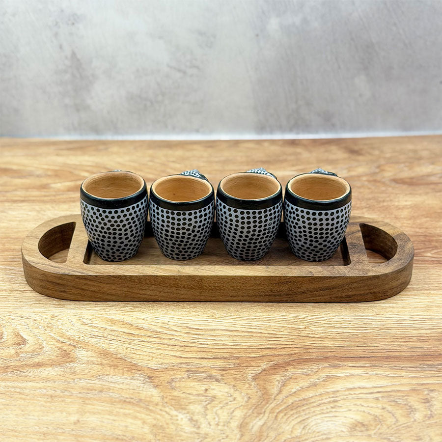 Oval tray and tequila shot glasses with jaguar design