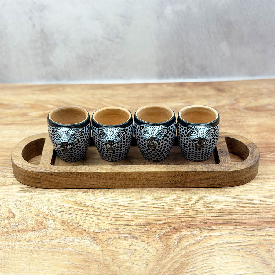 Oval tray and tequila shot glasses with jaguar design