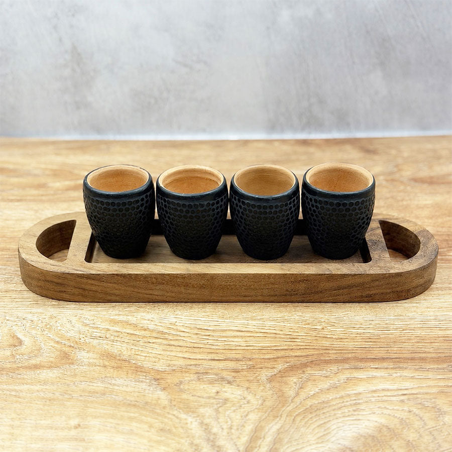Oval tray and tequila shot glasses with jaguar design