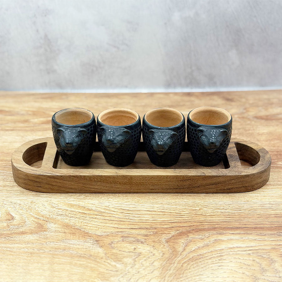 Oval tray and tequila shot glasses with jaguar design