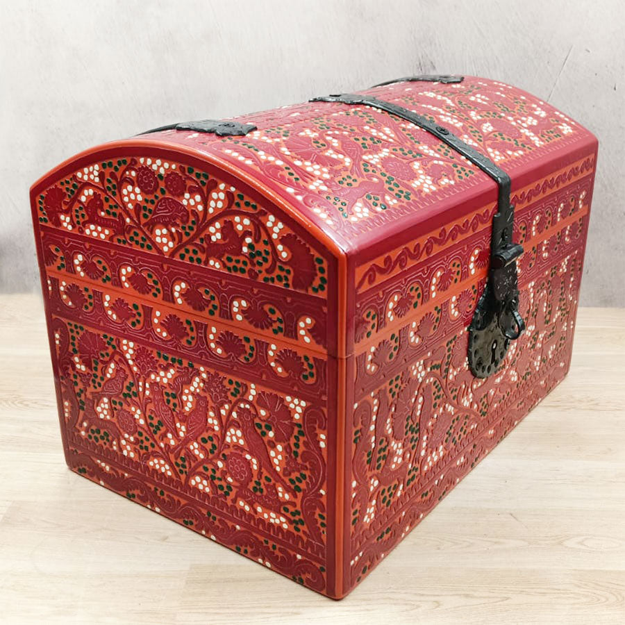 Red trunk from Olinalá with ironwork