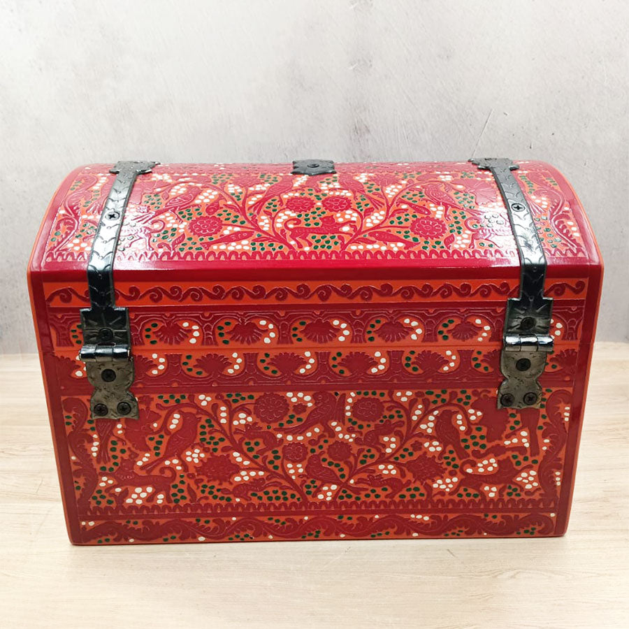 Red trunk from Olinalá with ironwork