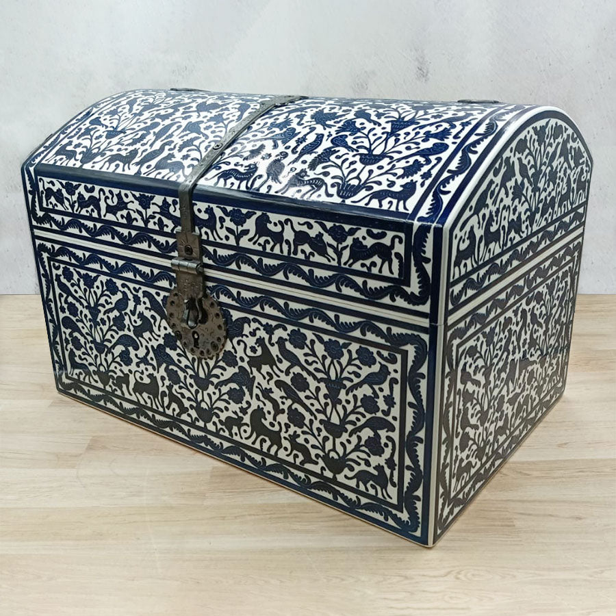 Large blue trunk from Olinalá with ironwork