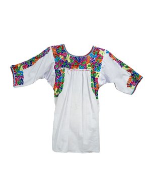 Blusa blanca flores bordadas multicolor manga 3/4