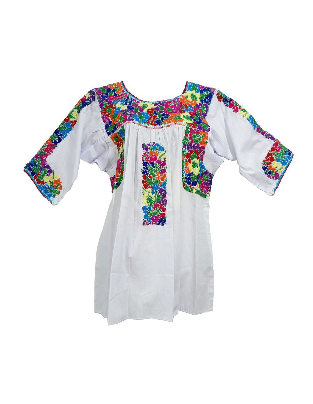 Blusa blanca flores bordadas multicolor manga 3/4