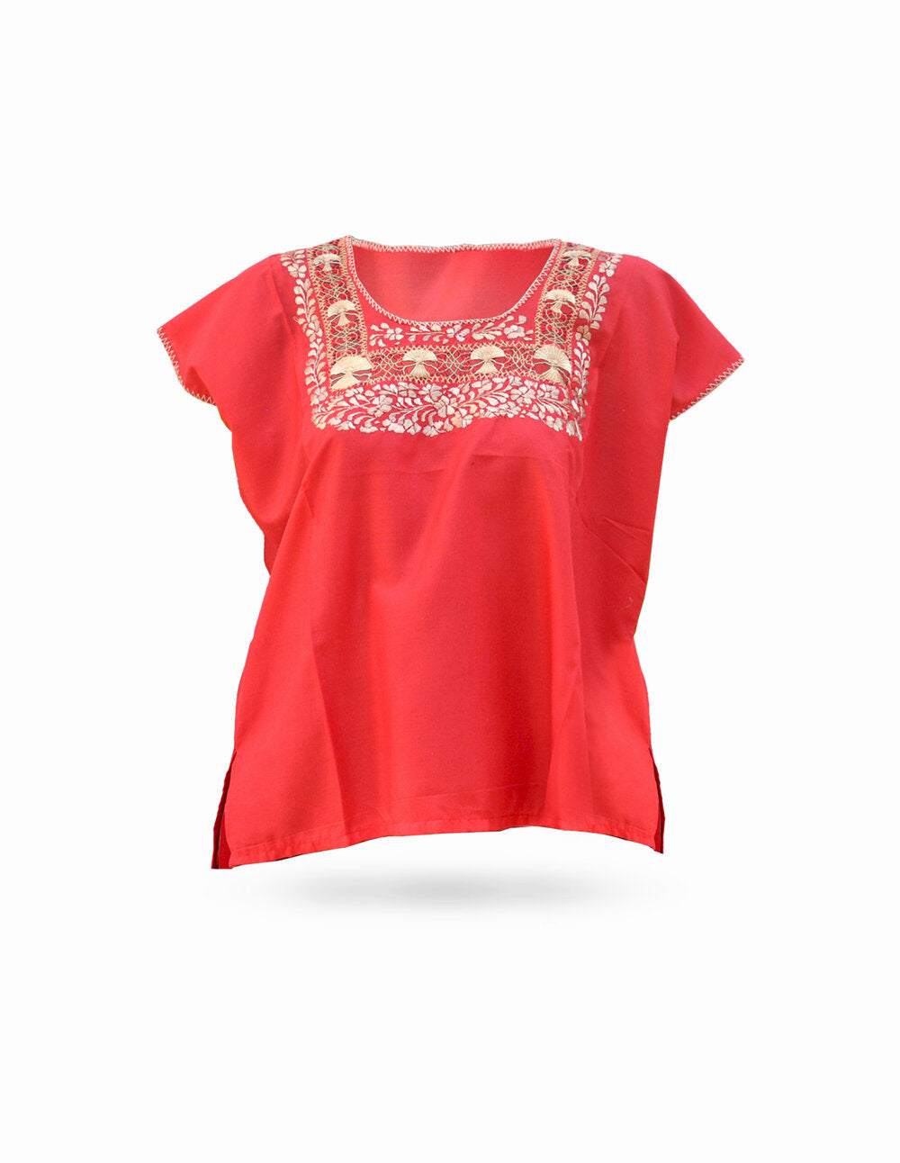 Blusa roja deshilada y bordados de Chiapas