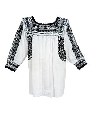 Blusa San Antonino blanca flores bordadas en negro