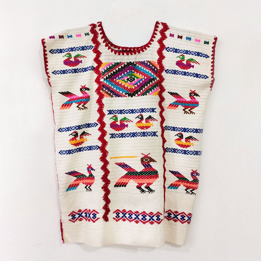 White blouse with birds and red stripes