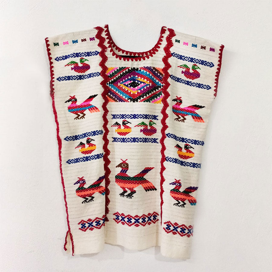 White blouse with birds and red stripes