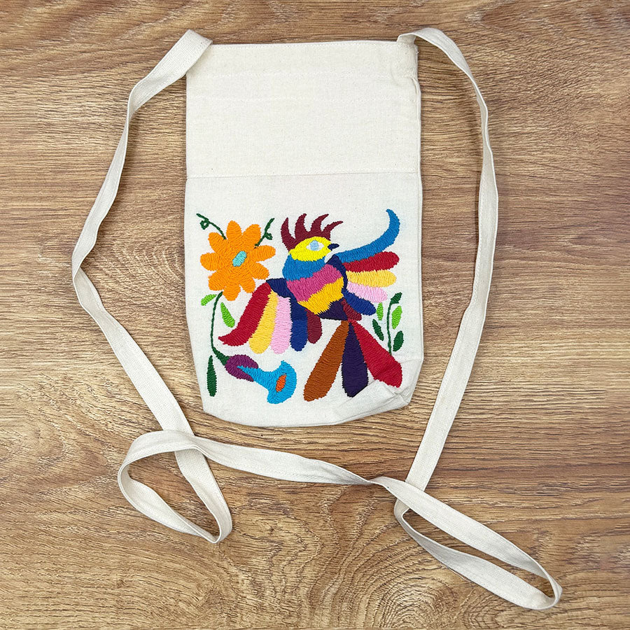 Beige fabric bag with colorful Otomi embroidery