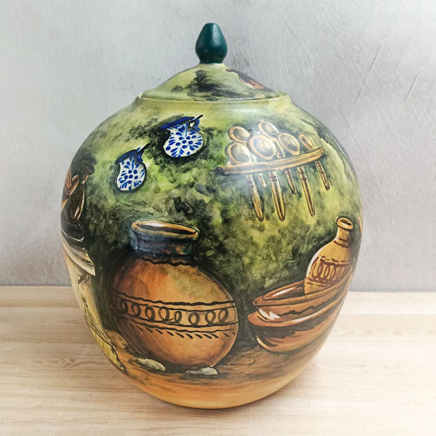 Long candy jar-shaped vase with peasant woman cooking