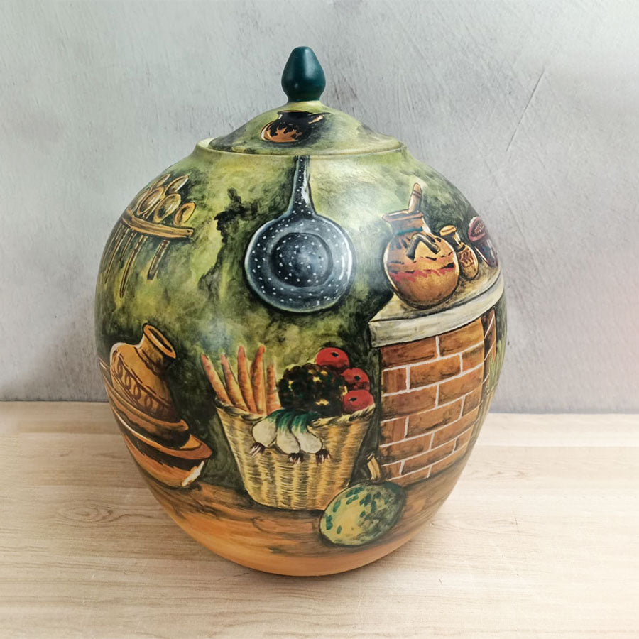 Long candy jar-shaped vase with peasant woman cooking