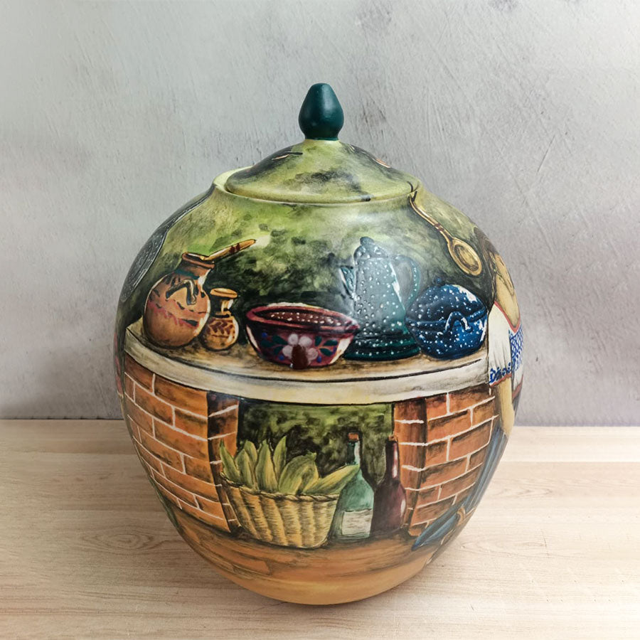 Long candy jar-shaped vase with peasant woman cooking