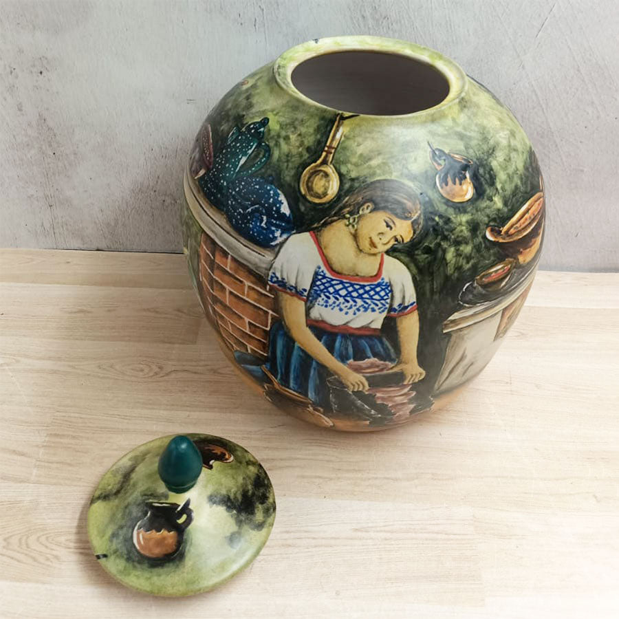 Long candy jar-shaped vase with peasant woman cooking