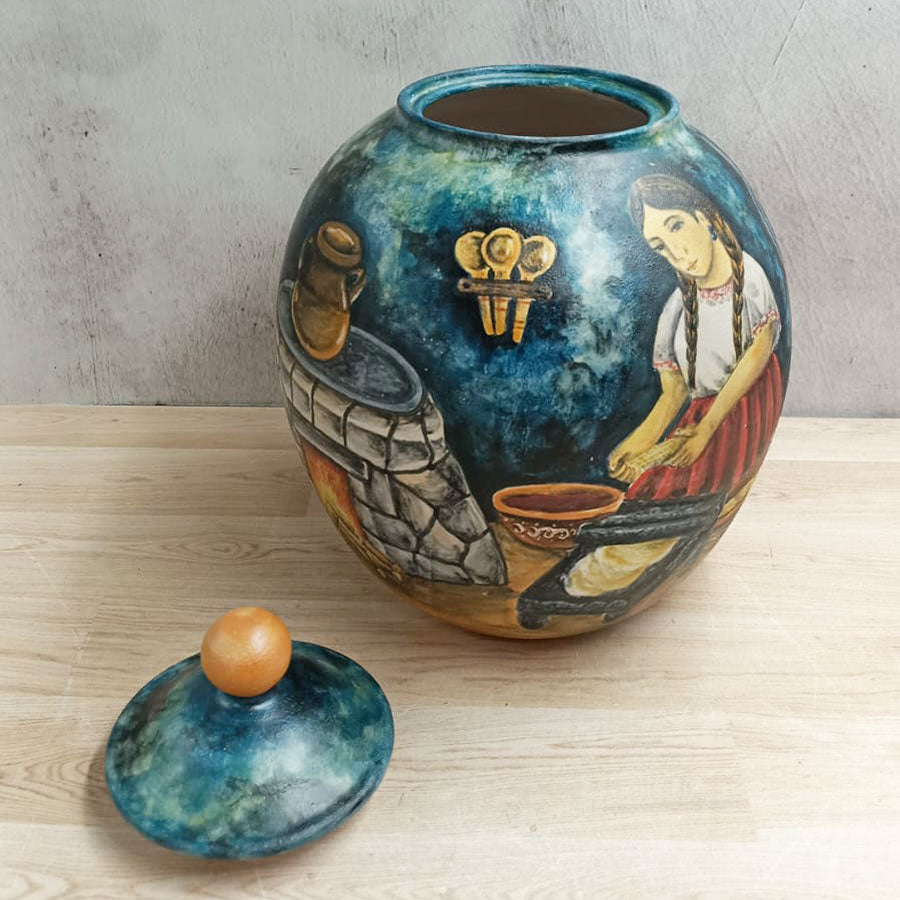 Long candy jar-shaped vase with blue Mexican kitchen, small size