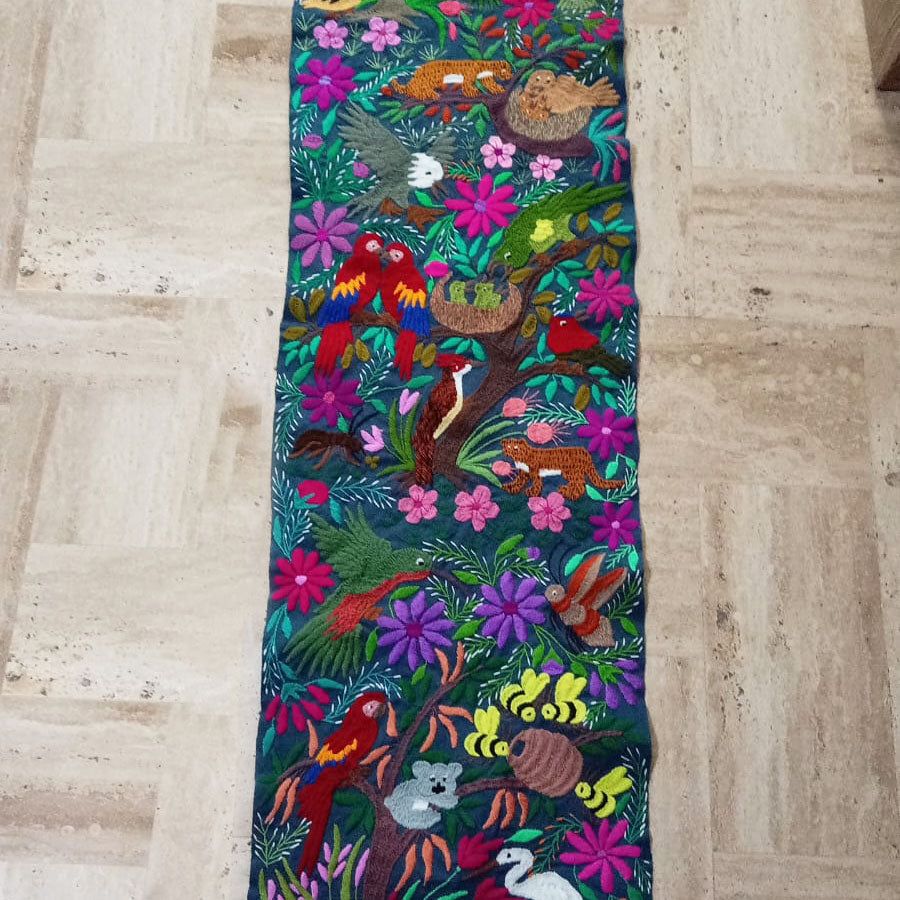 Table runner with embroidered birds and flowers