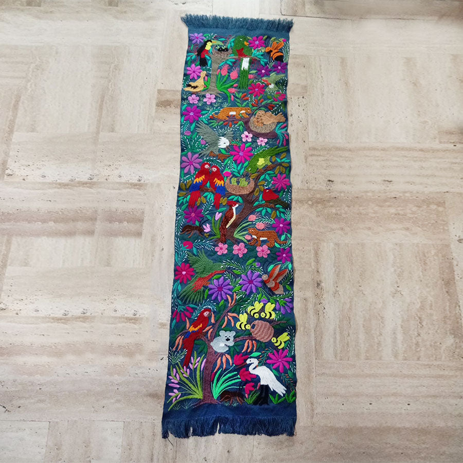 Table runner with embroidered birds and flowers