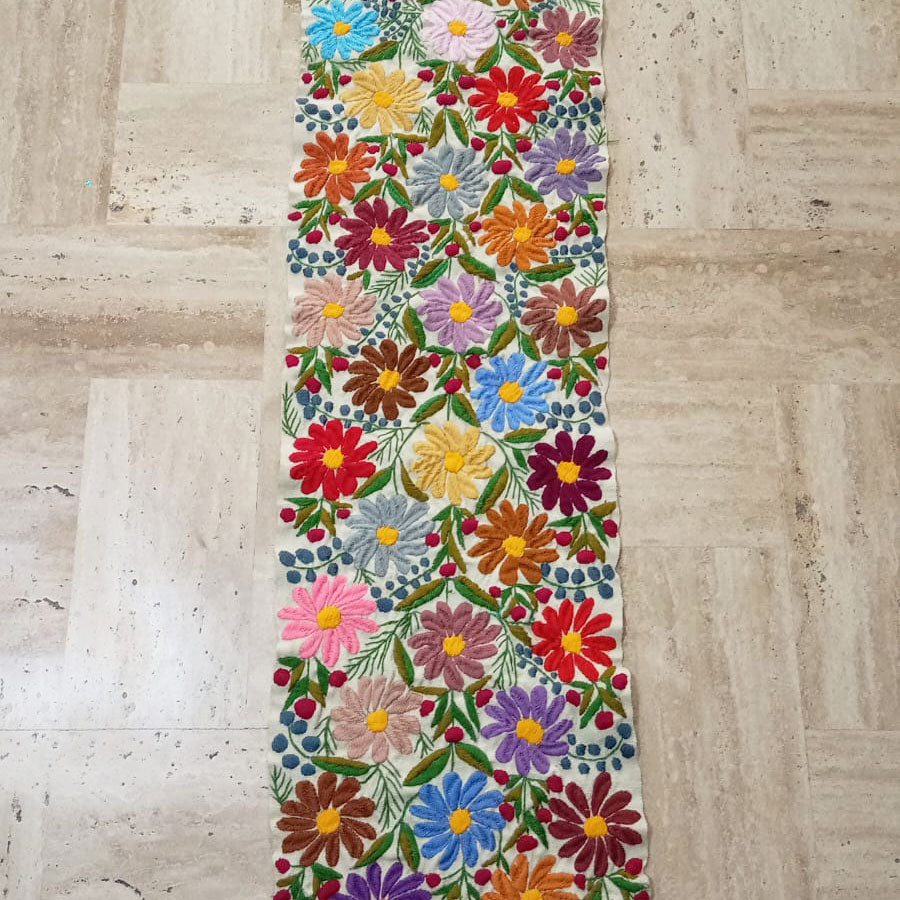 Table runner with embroidered birds and flowers
