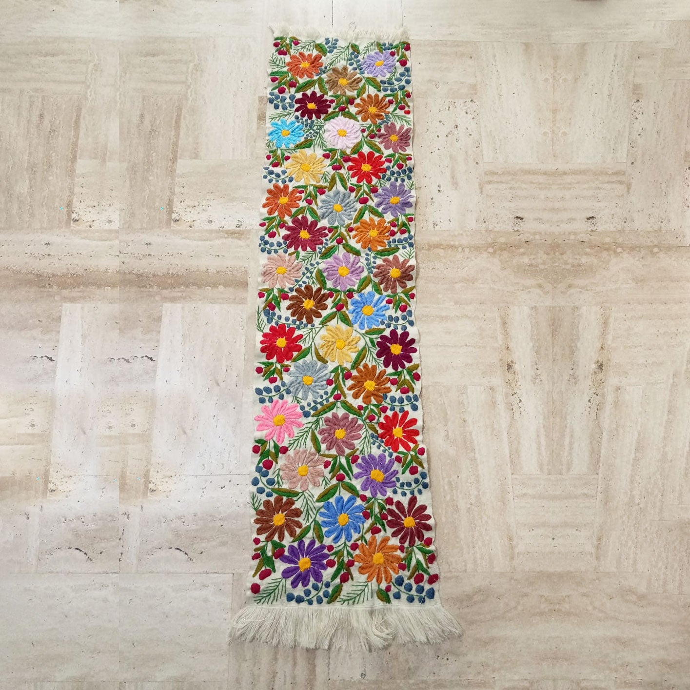Table runner with embroidered birds and flowers