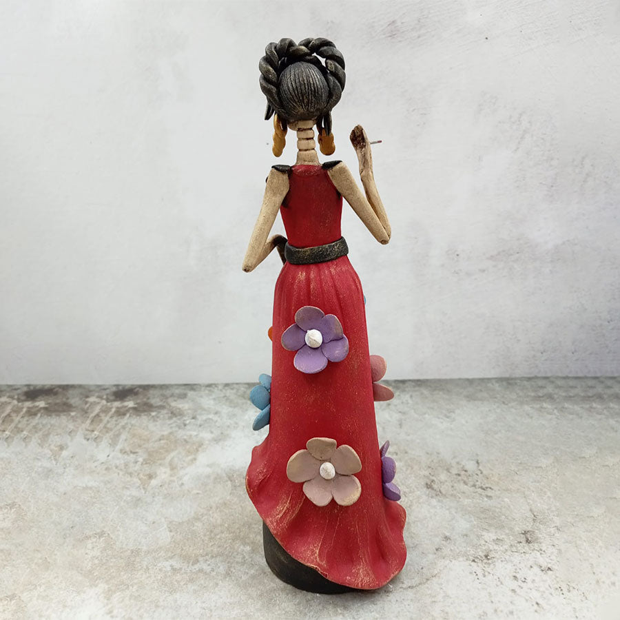 Catrina vestido rojo con flores de colores grandes