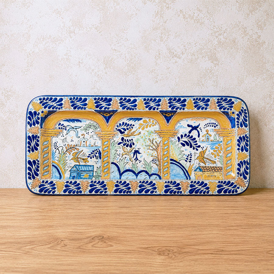 Charola rectangular amarilla con aves