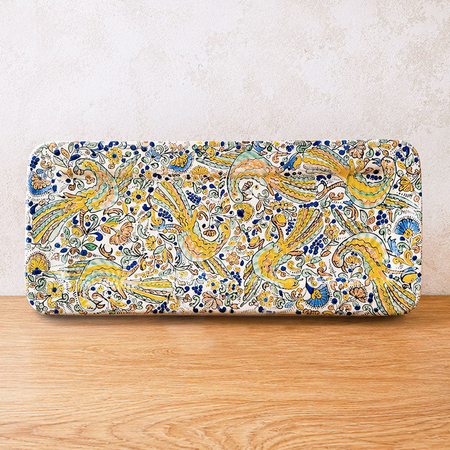 Charola rectangular falda doblada con aves
