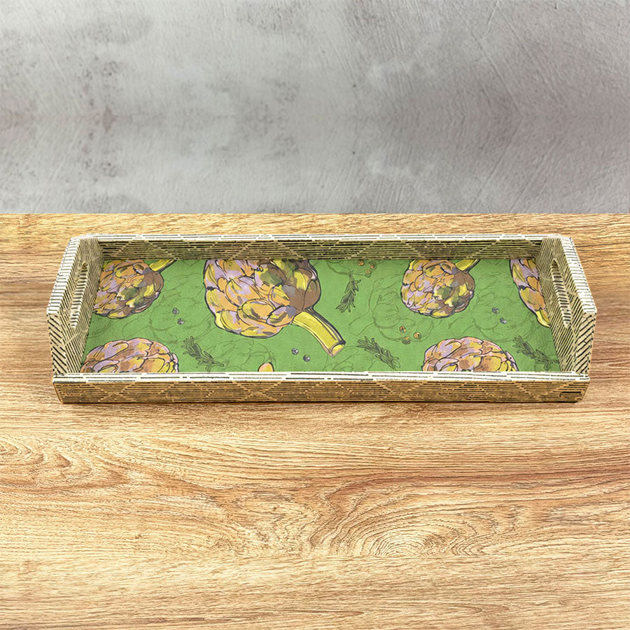 Rectangular tray decorated with handles