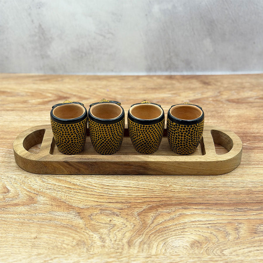 Oval tray and tequila shot glasses with jaguar design
