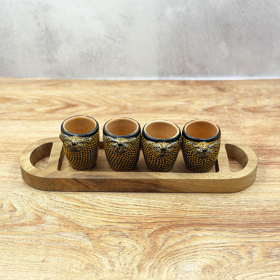 Oval tray and tequila shot glasses with jaguar design