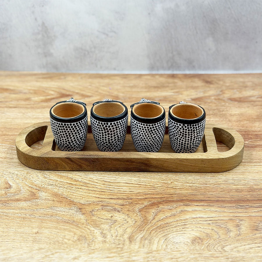 Oval tray and tequila shot glasses with jaguar design