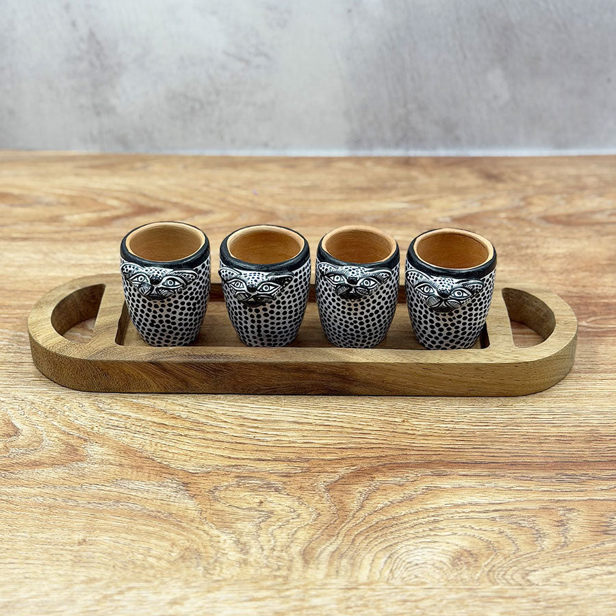 Oval tray and tequila shot glasses with jaguar design