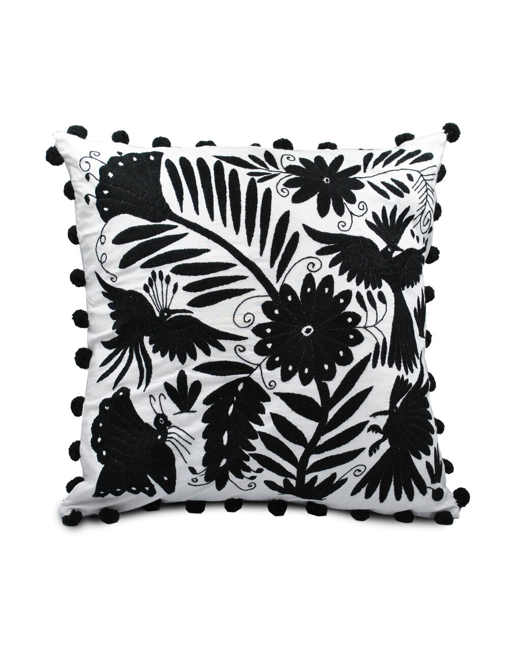 Otomi white square cushion with pompoms