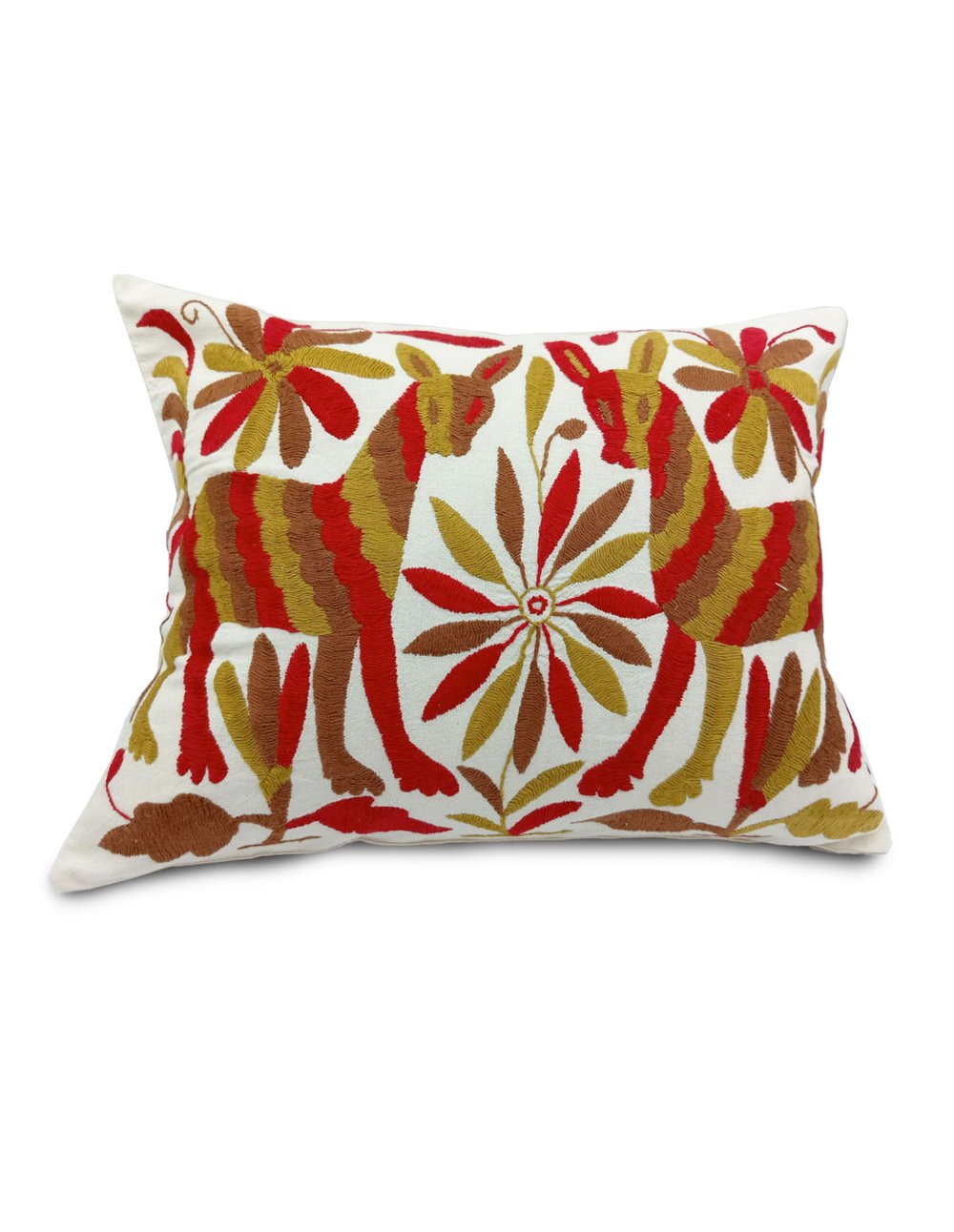 Beige cushion with gold and red Otomi design