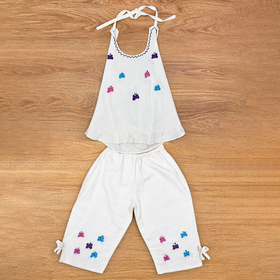 Girls' blouse and pants set with colorful embroidered butterflies