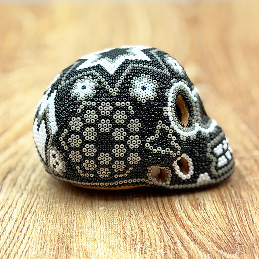 Black and white skull with Huichol art