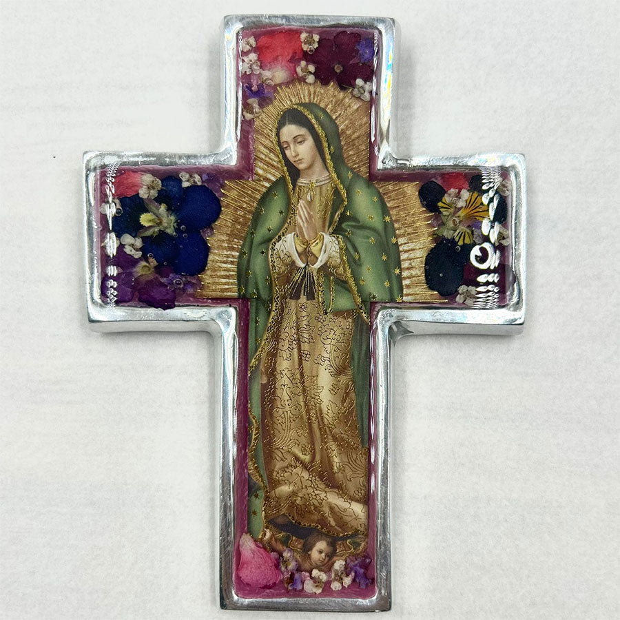 Cross with image of Virgin of Guadalupe and dried flowers mini