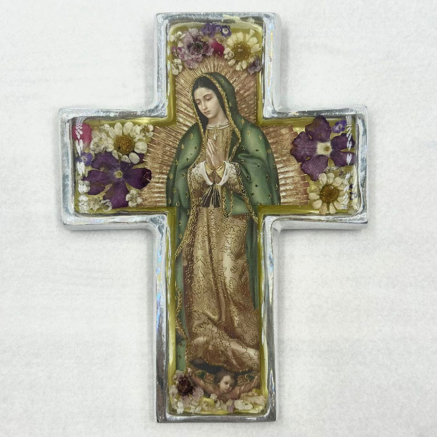 Cross with image of Virgin of Guadalupe and dried flowers mini