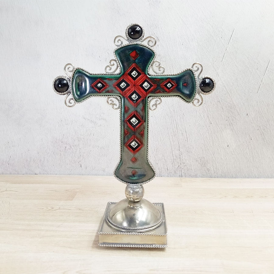 Blue cross "Pax" with pedestal